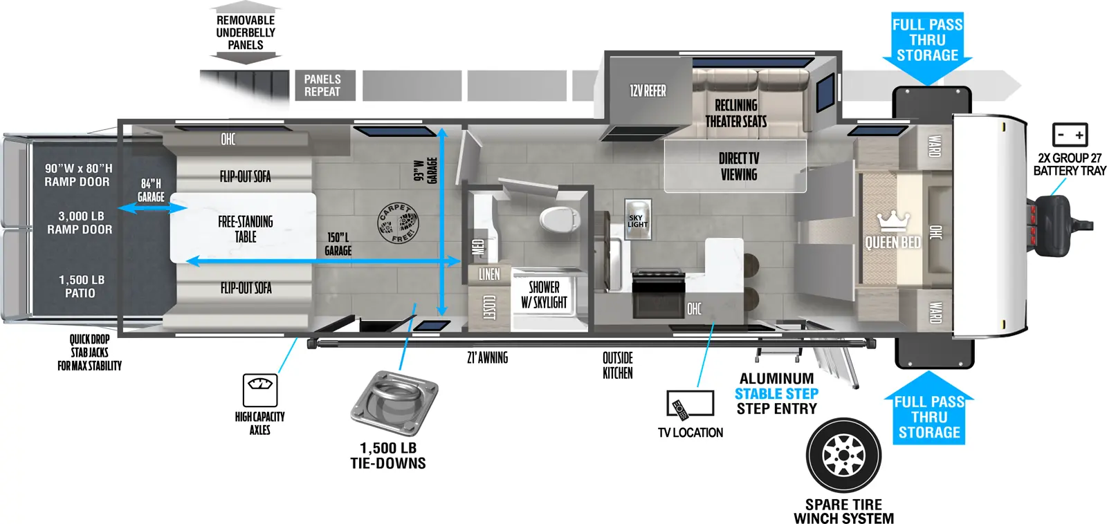 The Wildwood FSX 290RTK floorplan is a toy hauler that has two entries and one slide out. Exterior features include: fiberglass exterior, 21' awning and outside kitchen. Interiors features include: front bedroom.